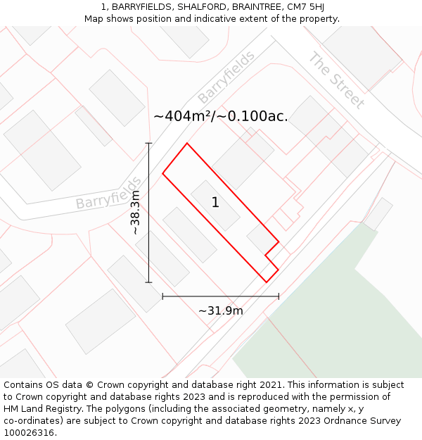 1, BARRYFIELDS, SHALFORD, BRAINTREE, CM7 5HJ: Plot and title map