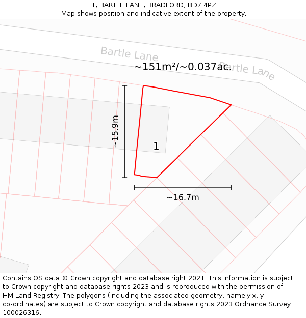 1, BARTLE LANE, BRADFORD, BD7 4PZ: Plot and title map