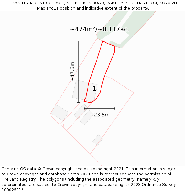 1, BARTLEY MOUNT COTTAGE, SHEPHERDS ROAD, BARTLEY, SOUTHAMPTON, SO40 2LH: Plot and title map
