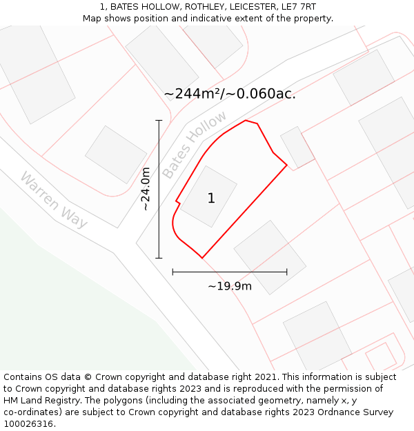 1, BATES HOLLOW, ROTHLEY, LEICESTER, LE7 7RT: Plot and title map
