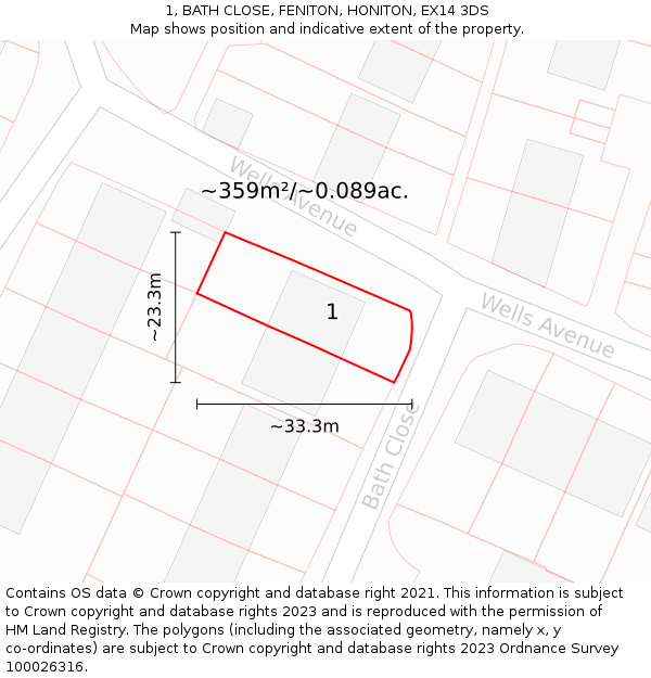 1, BATH CLOSE, FENITON, HONITON, EX14 3DS: Plot and title map