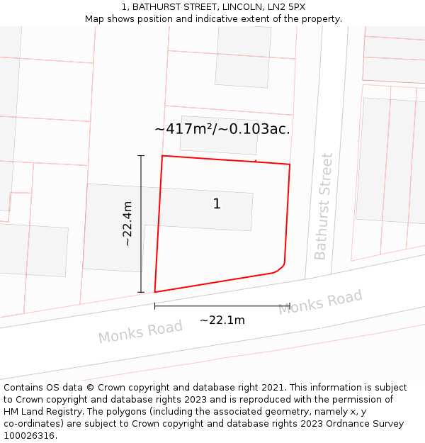 1, BATHURST STREET, LINCOLN, LN2 5PX: Plot and title map
