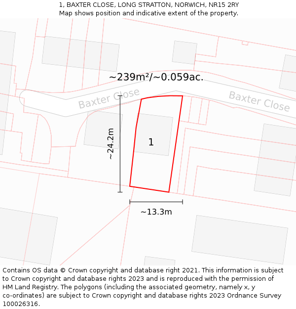 1, BAXTER CLOSE, LONG STRATTON, NORWICH, NR15 2RY: Plot and title map