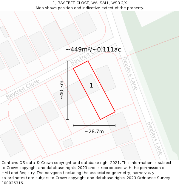 1, BAY TREE CLOSE, WALSALL, WS3 2JX: Plot and title map