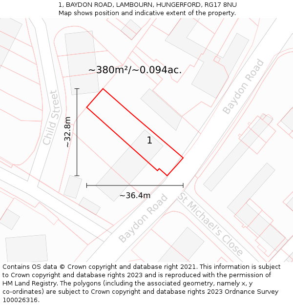 1, BAYDON ROAD, LAMBOURN, HUNGERFORD, RG17 8NU: Plot and title map