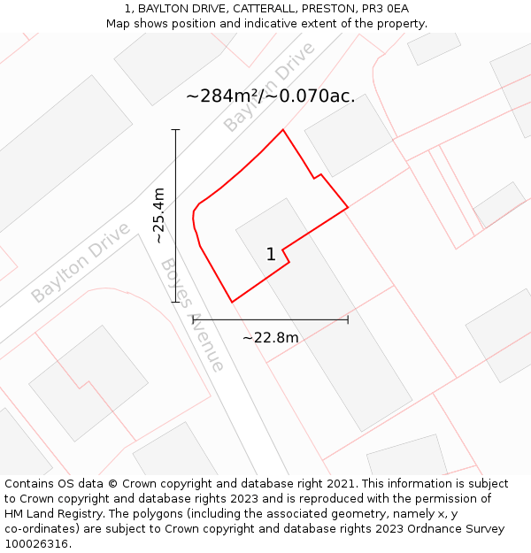 1, BAYLTON DRIVE, CATTERALL, PRESTON, PR3 0EA: Plot and title map