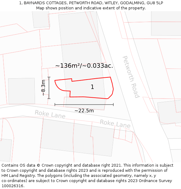 1, BAYNARDS COTTAGES, PETWORTH ROAD, WITLEY, GODALMING, GU8 5LP: Plot and title map