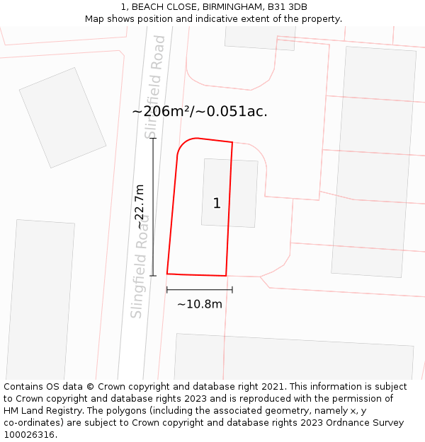 1, BEACH CLOSE, BIRMINGHAM, B31 3DB: Plot and title map