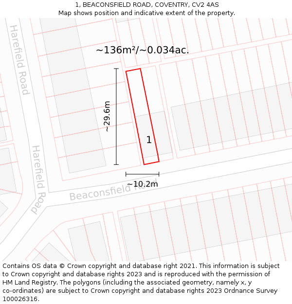 1, BEACONSFIELD ROAD, COVENTRY, CV2 4AS: Plot and title map