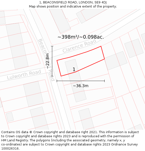 1, BEACONSFIELD ROAD, LONDON, SE9 4DJ: Plot and title map