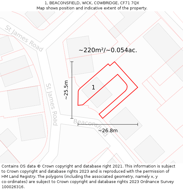 1, BEACONSFIELD, WICK, COWBRIDGE, CF71 7QX: Plot and title map