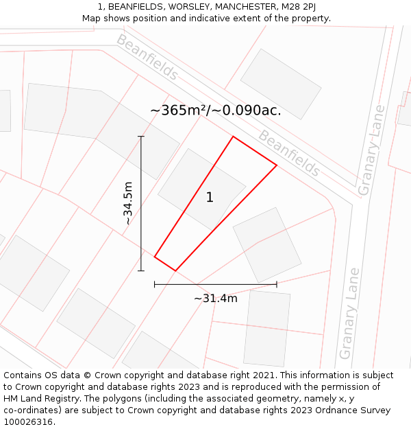 1, BEANFIELDS, WORSLEY, MANCHESTER, M28 2PJ: Plot and title map