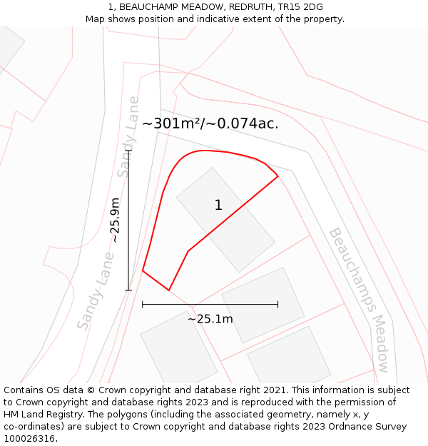 1, BEAUCHAMP MEADOW, REDRUTH, TR15 2DG: Plot and title map