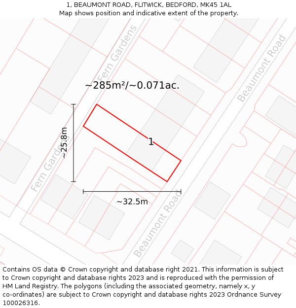 1, BEAUMONT ROAD, FLITWICK, BEDFORD, MK45 1AL: Plot and title map