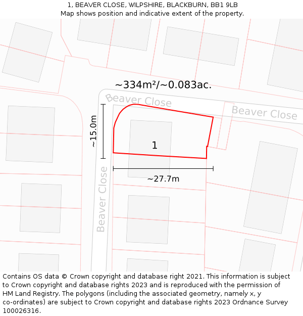 1, BEAVER CLOSE, WILPSHIRE, BLACKBURN, BB1 9LB: Plot and title map