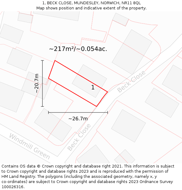 1, BECK CLOSE, MUNDESLEY, NORWICH, NR11 8QL: Plot and title map