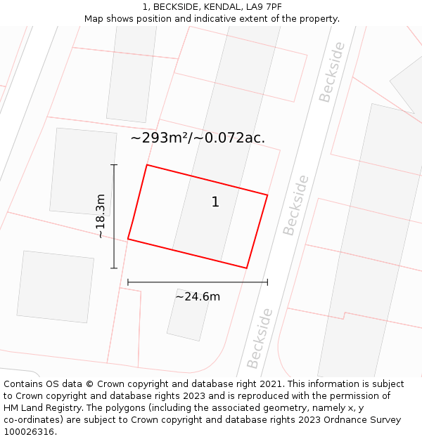 1, BECKSIDE, KENDAL, LA9 7PF: Plot and title map