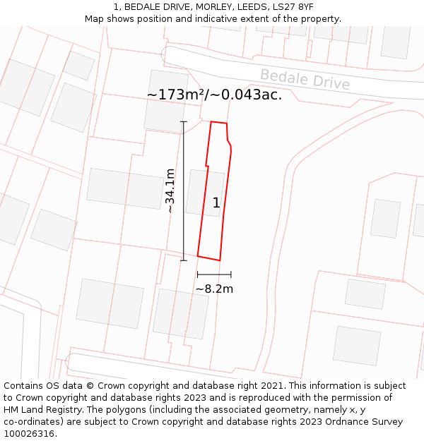 1, BEDALE DRIVE, MORLEY, LEEDS, LS27 8YF: Plot and title map