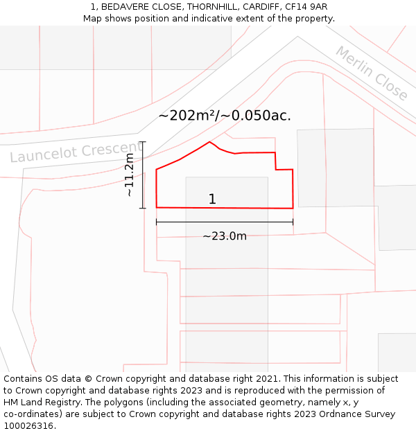 1, BEDAVERE CLOSE, THORNHILL, CARDIFF, CF14 9AR: Plot and title map