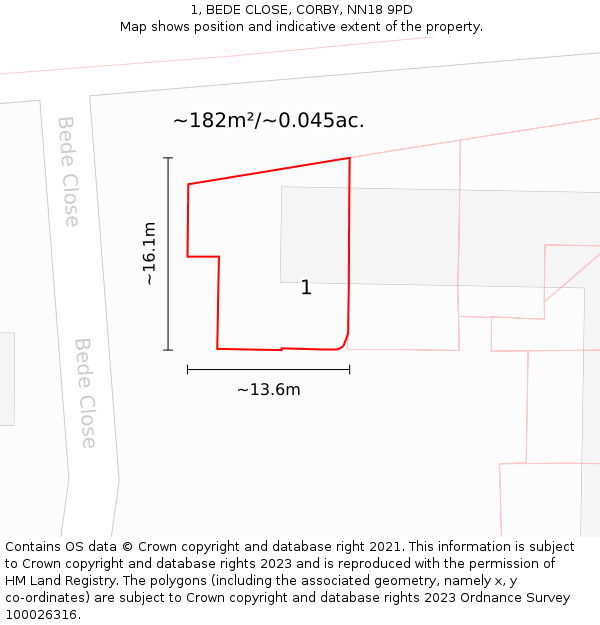 1, BEDE CLOSE, CORBY, NN18 9PD: Plot and title map