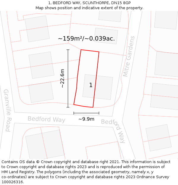 1, BEDFORD WAY, SCUNTHORPE, DN15 8GP: Plot and title map