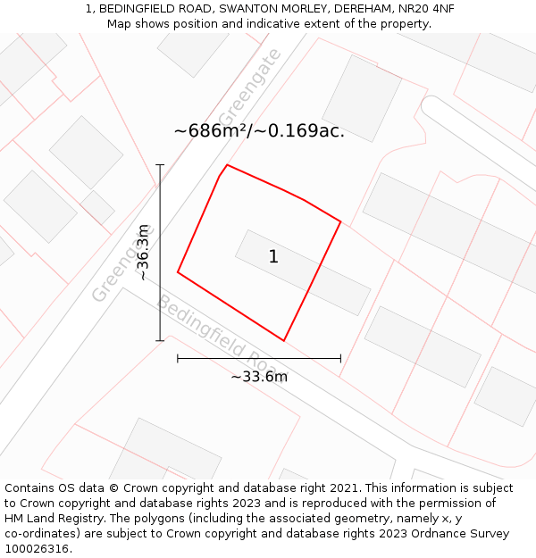 1, BEDINGFIELD ROAD, SWANTON MORLEY, DEREHAM, NR20 4NF: Plot and title map