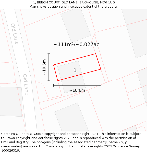 1, BEECH COURT, OLD LANE, BRIGHOUSE, HD6 1UQ: Plot and title map