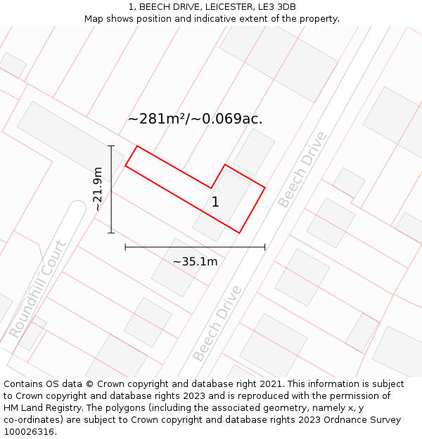 1, BEECH DRIVE, LEICESTER, LE3 3DB: Plot and title map