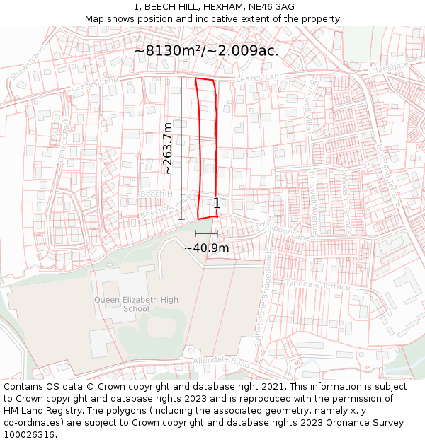 1, BEECH HILL, HEXHAM, NE46 3AG: Plot and title map