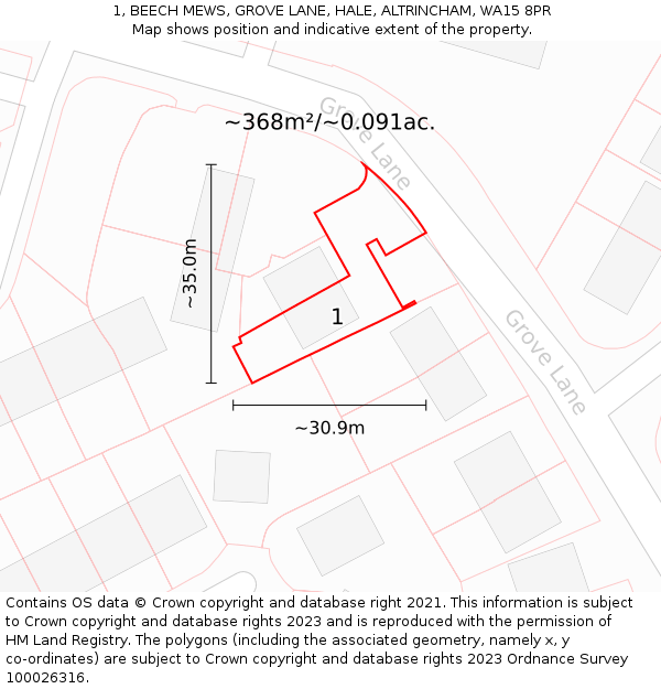 1, BEECH MEWS, GROVE LANE, HALE, ALTRINCHAM, WA15 8PR: Plot and title map