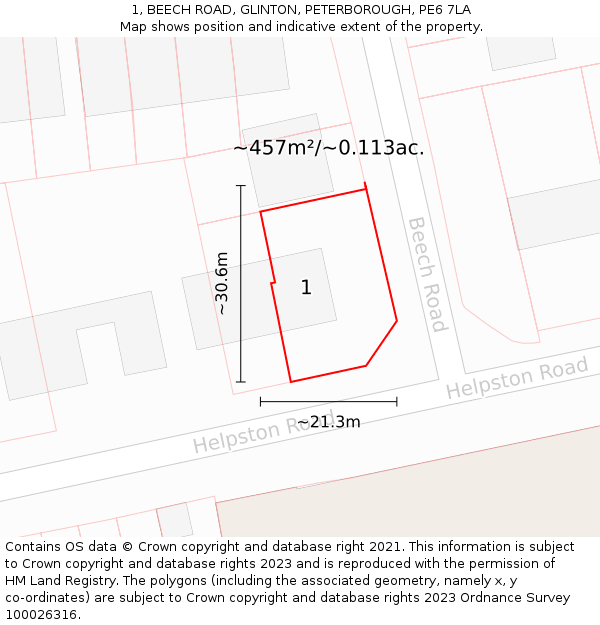 1, BEECH ROAD, GLINTON, PETERBOROUGH, PE6 7LA: Plot and title map