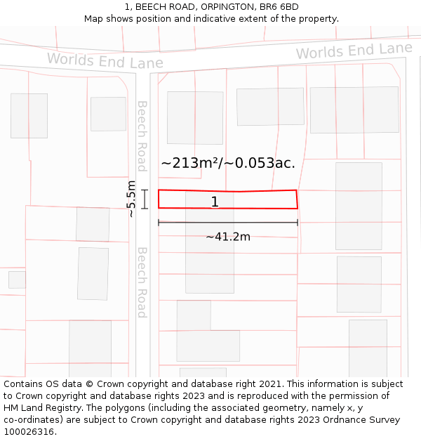 1, BEECH ROAD, ORPINGTON, BR6 6BD: Plot and title map