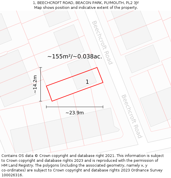 1, BEECHCROFT ROAD, BEACON PARK, PLYMOUTH, PL2 3JY: Plot and title map