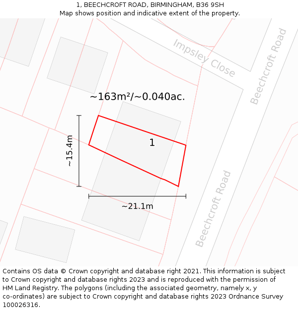 1, BEECHCROFT ROAD, BIRMINGHAM, B36 9SH: Plot and title map