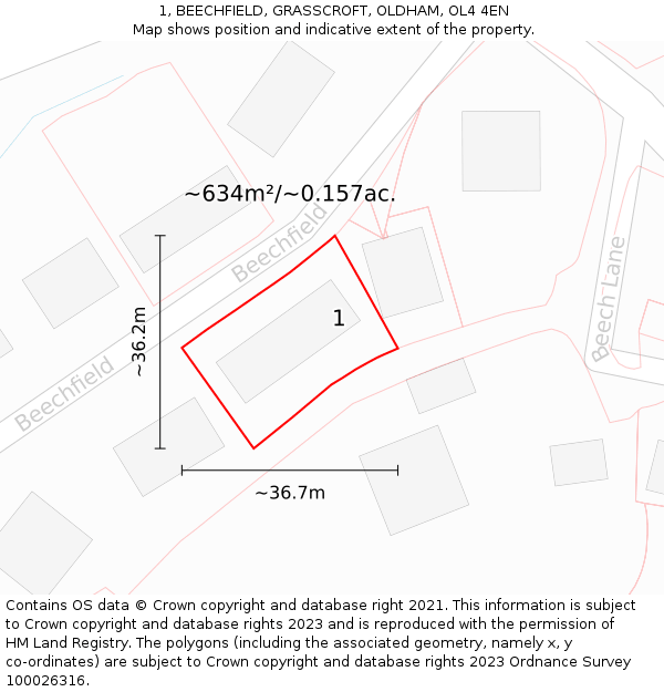 1, BEECHFIELD, GRASSCROFT, OLDHAM, OL4 4EN: Plot and title map