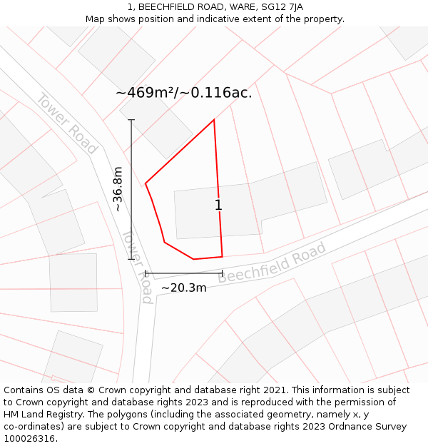 1, BEECHFIELD ROAD, WARE, SG12 7JA: Plot and title map