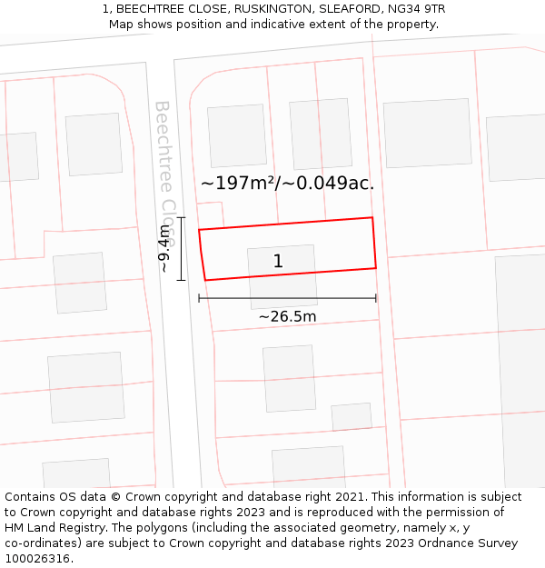 1, BEECHTREE CLOSE, RUSKINGTON, SLEAFORD, NG34 9TR: Plot and title map