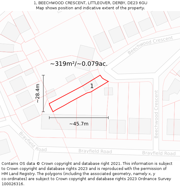 1, BEECHWOOD CRESCENT, LITTLEOVER, DERBY, DE23 6GU: Plot and title map