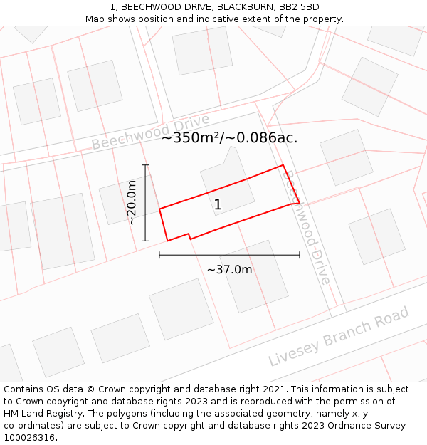 1, BEECHWOOD DRIVE, BLACKBURN, BB2 5BD: Plot and title map