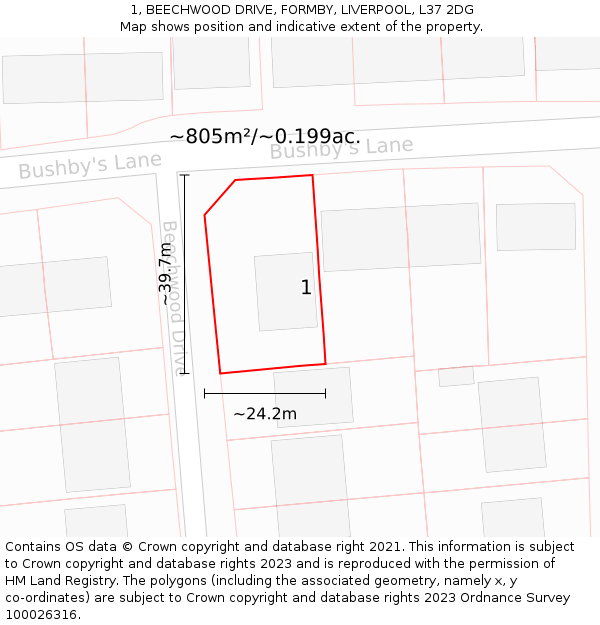 1, BEECHWOOD DRIVE, FORMBY, LIVERPOOL, L37 2DG: Plot and title map