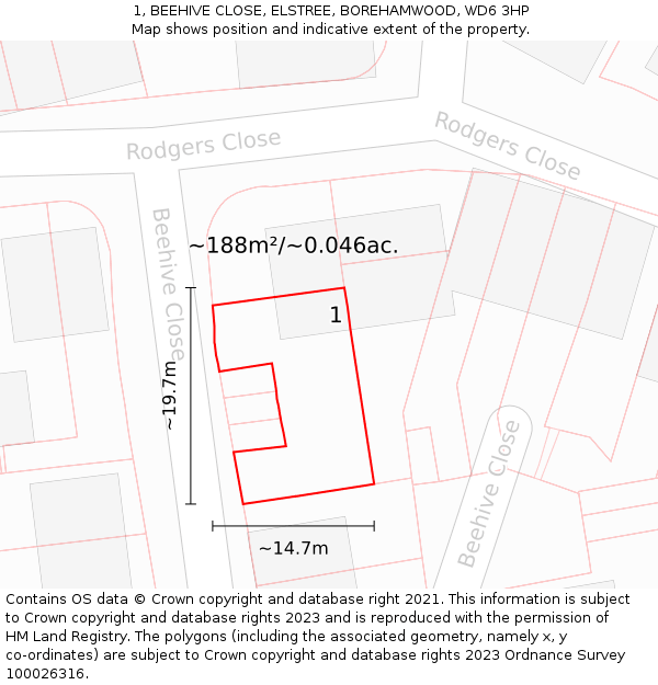 1, BEEHIVE CLOSE, ELSTREE, BOREHAMWOOD, WD6 3HP: Plot and title map