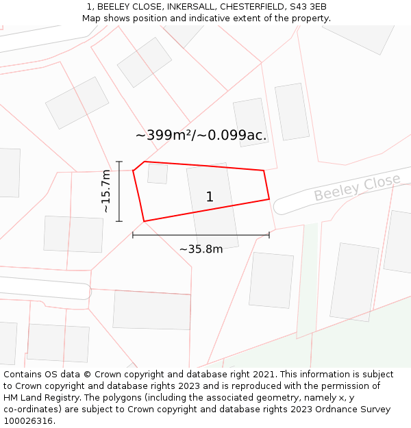 1, BEELEY CLOSE, INKERSALL, CHESTERFIELD, S43 3EB: Plot and title map