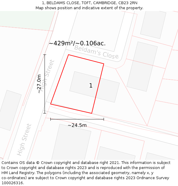 1, BELDAMS CLOSE, TOFT, CAMBRIDGE, CB23 2RN: Plot and title map