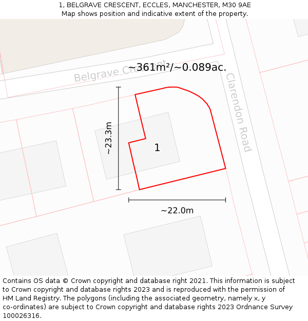 1, BELGRAVE CRESCENT, ECCLES, MANCHESTER, M30 9AE: Plot and title map
