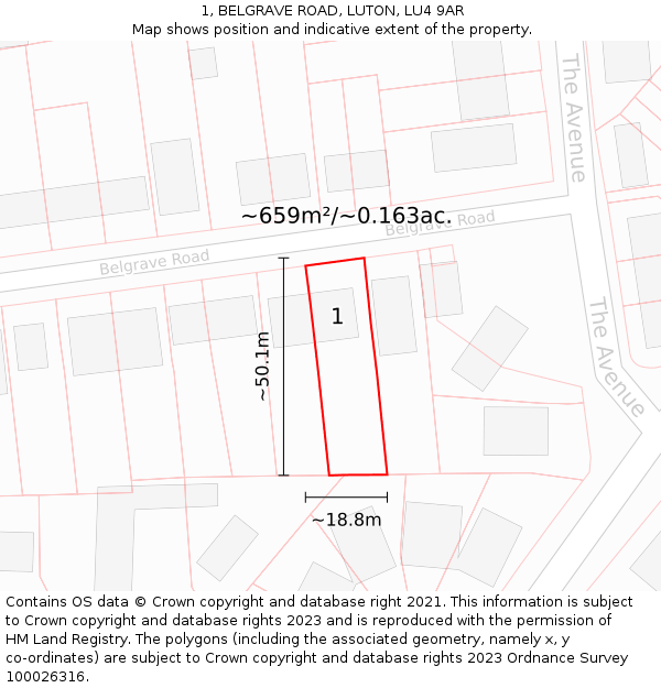 1, BELGRAVE ROAD, LUTON, LU4 9AR: Plot and title map