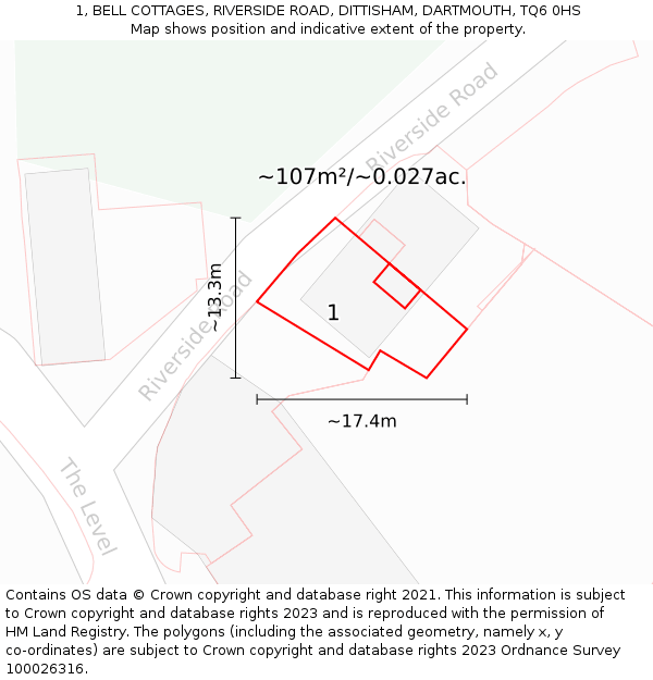 1, BELL COTTAGES, RIVERSIDE ROAD, DITTISHAM, DARTMOUTH, TQ6 0HS: Plot and title map