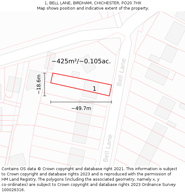 1, BELL LANE, BIRDHAM, CHICHESTER, PO20 7HX: Plot and title map