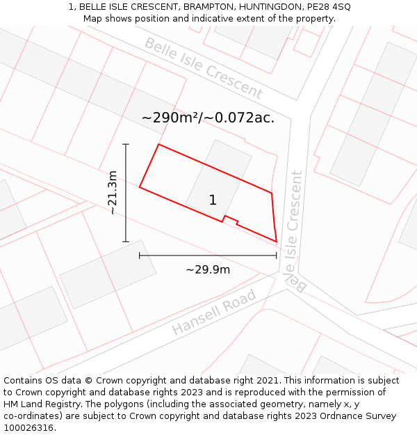 1, BELLE ISLE CRESCENT, BRAMPTON, HUNTINGDON, PE28 4SQ: Plot and title map