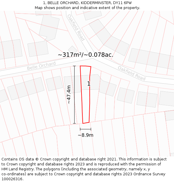 1, BELLE ORCHARD, KIDDERMINSTER, DY11 6PW: Plot and title map