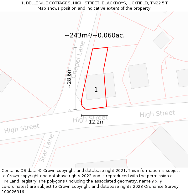 1, BELLE VUE COTTAGES, HIGH STREET, BLACKBOYS, UCKFIELD, TN22 5JT: Plot and title map